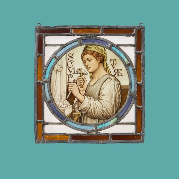 19th Century Stained Glass Panel Depicting Female Stonemason