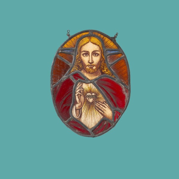 Antique Jesus With Sacred Heart Stained Glass Roundel
