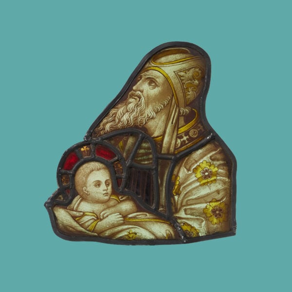 19th Century English Stained Glass of Saint Simeon Holding The Infant Jesus Christ