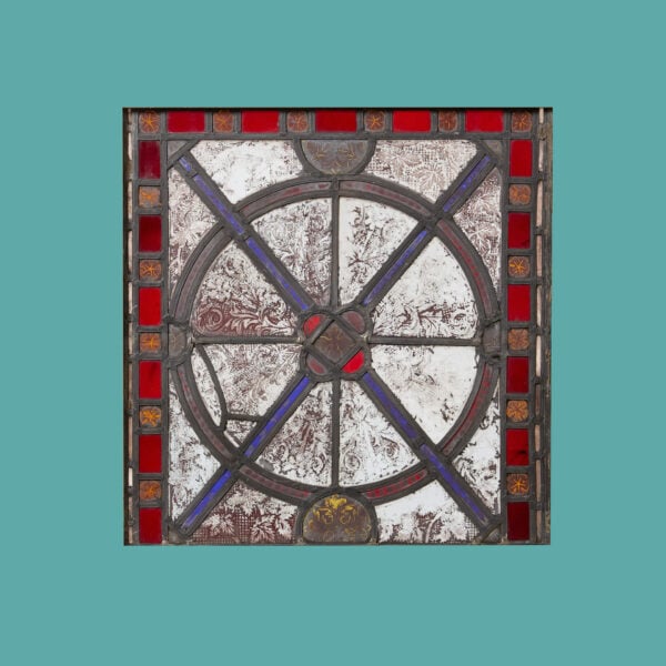 English Medieval Style Stained Glass Panel With Geometric Designs