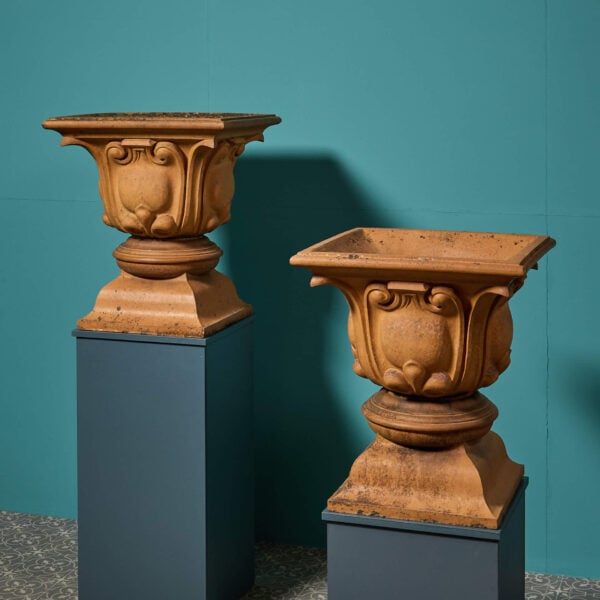 Pair of Decorative Victorian English Buff Terracotta Garden Urns