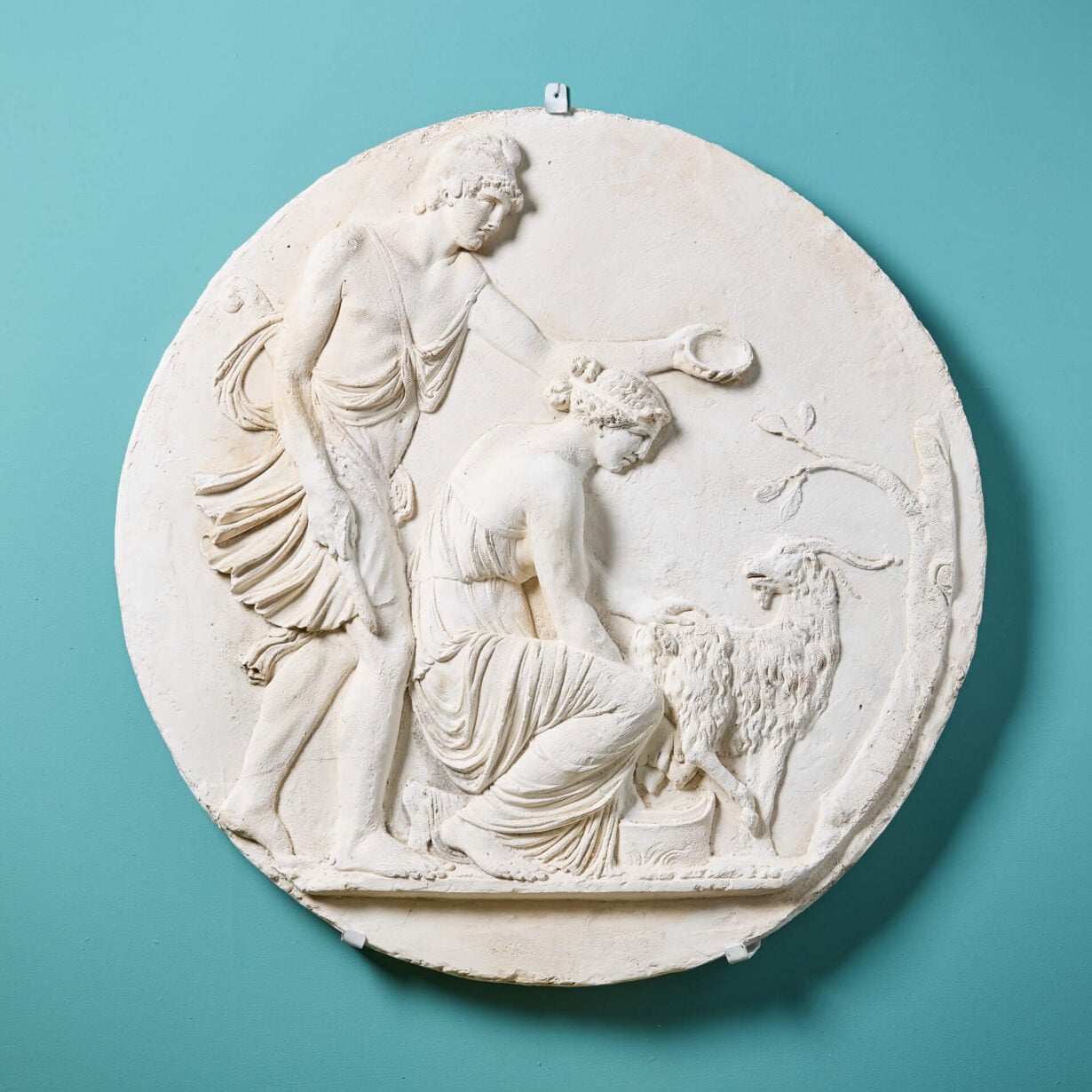 The Goat Amalthea with the Infant Jupiter and a Faun Neoclassical Style Plaster Wall Roundel