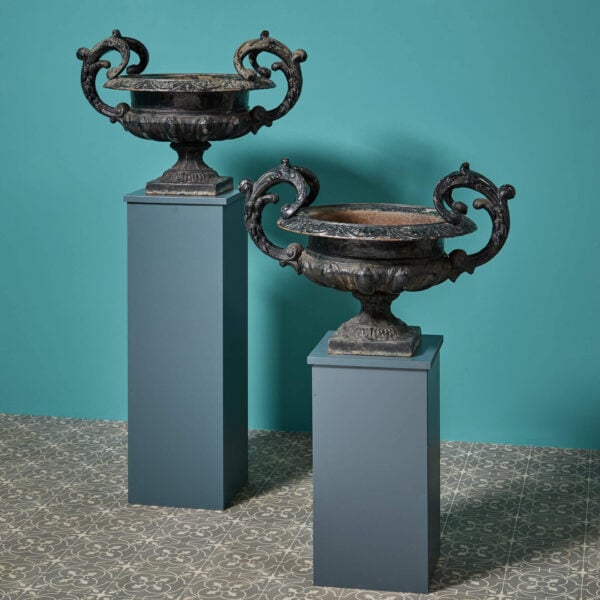 Pair of 19th Century French Cast Iron Garden Urns with Handles