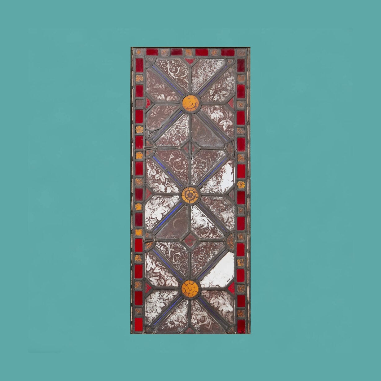 English Medieval Style Stained Glass Panel With Floral Designs