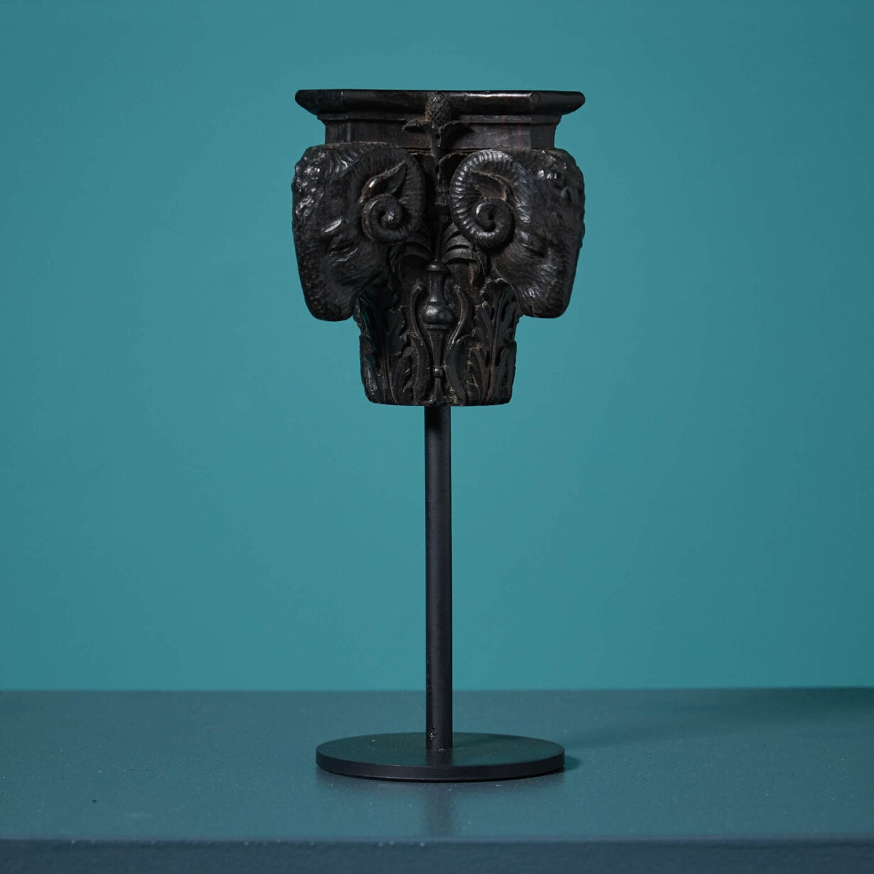 19th Century Ebony Rams Head Capital On Metal Stand